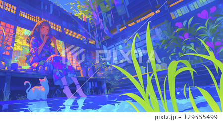 温泉でくつろぐ女の子 129555499