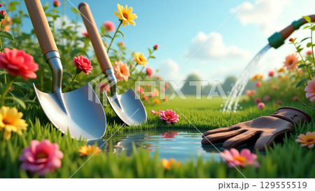 gardening tools on the lawn 129555519