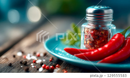 Red chili peppers and crushed pepper flakes in a glass shaker on a blue plate with scattered spices on a rustic wooden table 129555583