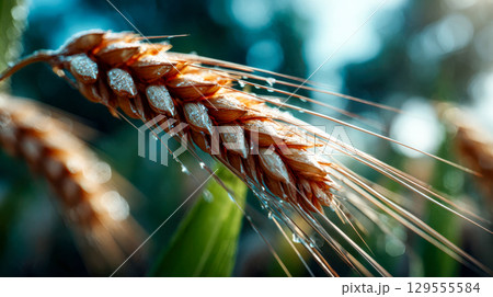 Close-up of wheat ear covered in morning dew, glowing in warm sunlight 129555584
