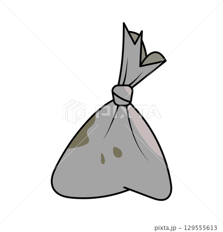 Garbage Bag Vector Illustration. A simple and clean vector illustration of a tied garbage bag in gray tones, featuring subtle shading and a few darker spots for a realistic touch. 129555613