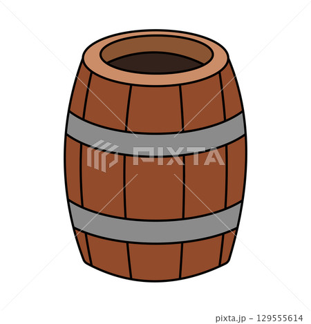 Wooden Barrel Vector Illustration. A classic wooden barrel with two metallic bands. The barrel is drawn in a cartoon style design with warm brown wooden planks and gray steel hoops. 129555614