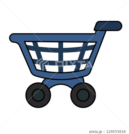 Shopping Cart Icon Vector Illustration. The cart features a sturdy rectangular basket with a grid pattern, two large round wheels and a handlebar for pushing. Shopping Cart Icon Vector Illustration. The cart features a sturdy rectangular basket with a grid pattern, two large round wheels and a handlebar for pushing. 129555616