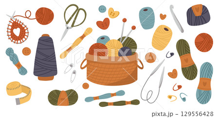 Knitting set. Yarn and threads, skein of wool, knitting needles, yarn basket, scissor. Needlework, tools for sewing and knitting collection. Flat vector illustration isolated Knitting set. Yarn and threads, skein of wool, knitting needles, yarn basket, scissor. Needlework, tools for sewing and knitting collection. Flat vector illustration isolated 129556428