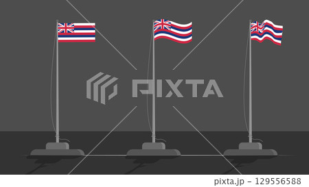 Vector illustration of the Hawaii state flag on flagpoles. A set showing flat and two different waving styles against a grey background. 129556588