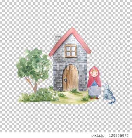 Small stone house, red roof, wooden door, green tree, smiling girl in a red hood, a gray cat. Watercolor scene on white. Hand-painted art ideal for children books, cards, nursery prints, countryside 129556973