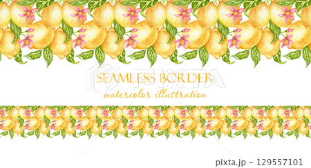 Horizontal watercolor border with lemon fruit on a branch with leaves and flowers. Seamless botanical pattern for decorative banners, menus, wallpapers, and fabrics. 129557101