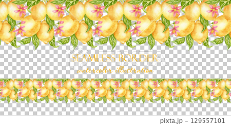 Horizontal watercolor border with lemon fruit on a branch with leaves and flowers. Seamless botanical pattern for decorative banners, menus, wallpapers, and fabrics. 129557101
