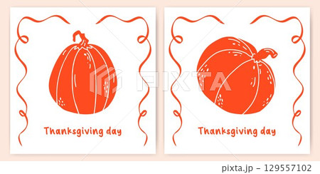 Collection of Thanksgiving templates with hand-drawn pumpkins and a frame. Cute design for postcards, invitations, memo pads, and stickers. Autumn greeting concept, family holiday. Minimalist design. 129557102