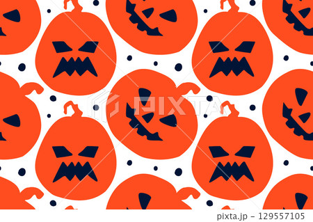 Seamless Halloween pattern with bright orange pumpkins. Spooky print with sinister smiles and grimaces. Scary Halloween monsters. Decorating childrens textiles, wrapping paper, and scrapbooking. Seamless Halloween pattern with bright orange pumpkins. Spooky print with sinister smiles and grimaces. Scary Halloween monsters. Decorating childrens textiles, wrapping paper, and scrapbooking. 129557105
