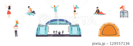 Man and Woman at Open Air Music Festival with Stage Vector Set Man and Woman at Open Air Music Festival with Stage Vector Set 129557136