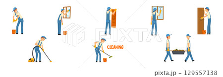 Young Man in Blue Overalls Cleaning and Washing Vector Set Young Man in Blue Overalls Cleaning and Washing Vector Set 129557138