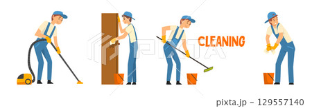 Young Man in Blue Overalls Cleaning and Washing Vector Set 129557140