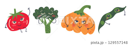 Different Cute Vegetable Character with Smiling Face Vector Set 129557148