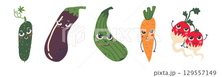 Different Cute Vegetable Character with Smiling Face Vector Set 129557149