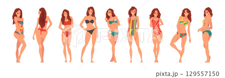 Young Woman in Swimsuit Having Slim Body Standing and Posing Vector Set 129557150
