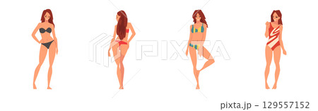 Young Woman in Swimsuit Having Slim Body Standing and Posing Vector Set 129557152