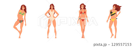 Young Woman in Swimsuit Having Slim Body Standing and Posing Vector Set 129557153