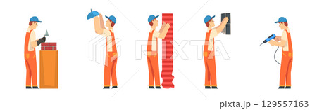 Man Character in Orange Overalls Repair Home and Provide Professional Service Vector Set Man Character in Orange Overalls Repair Home and Provide Professional Service Vector Set 129557163