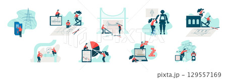 Engineer and Technology with Man and Woman Specialist Invent, Build and Design Vector Set 129557169