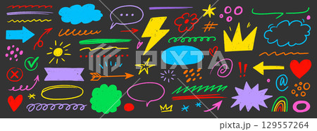 Hand drawn line chalk set. Crayon line arrow, speech bubble, pencil highlight and textured brush icon with cartoon heart, hand drawn marker element. Chalkboard frame sketch. Vector 129557264