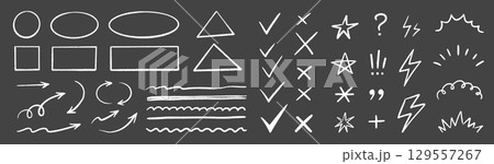 Line mark icon pack. Pencil crayon arrows, cross sign, text quote frames, stars and check emphasis elements for infographic text design. Hand drawn line check mark elements. Vector 129557267