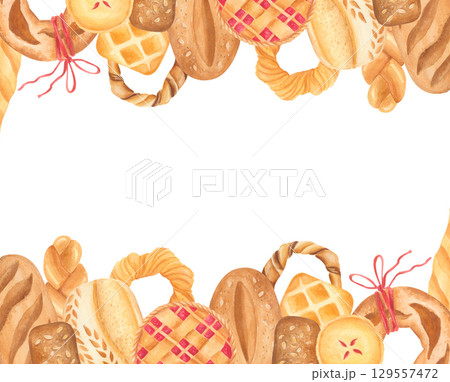 Watercolor bread and pastry border illustration isolated on white Watercolor bread and pastry border illustration isolated on white 129557472