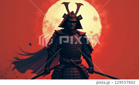 Powerful samurai warrior stands in front of a glowing moon under a dramatic red sky during a mythical battle preparation 129557602