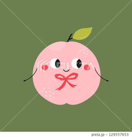 Cute Peach with Decorative Bow. Funny Fruit Cartoon Character 129557653