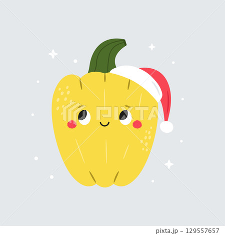 Cute Sweet Pepper in Santa Hat. Funny Christmas Vector Illustration 129557657