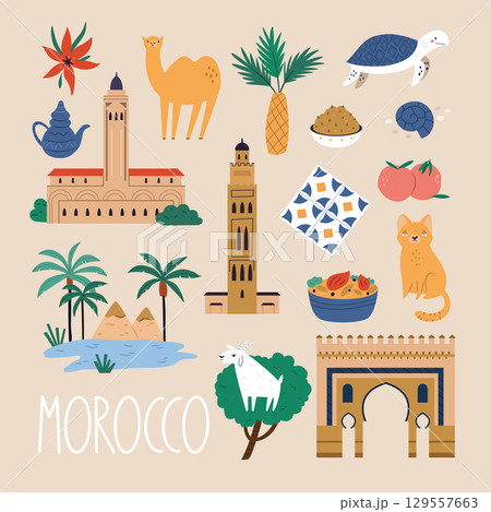 Morocco travel elements set with landmarks, food, animals and cultural symbols in flat cartoon vector style on beige background 129557663