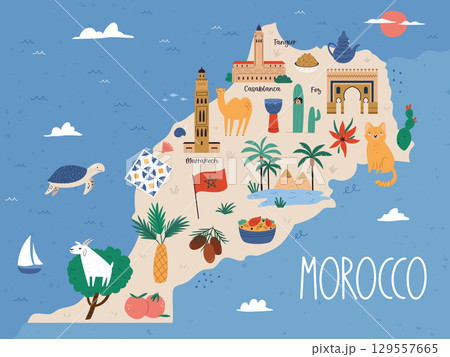 Morocco map with cultural landmarks, traditional architecture, desert nature and ethnic Moroccan elements in cartoon vector style 129557665