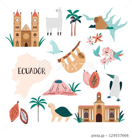 Ecuador Icon Set with Cute Animals, Famous Plants, Culture and Landmarks in Flat Cartoon Style. Vector Illustration, Design 129557666
