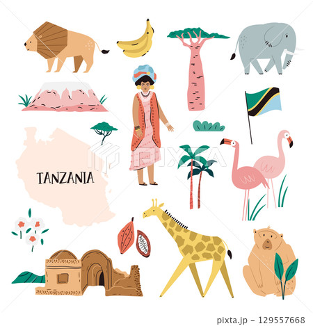 Tanzania and Zanzibar Icon Set with Cute Animals, Famous Plants, Culture and Landmarks in Flat Cartoon Style. 129557668