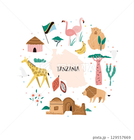 Tanzania and Zanzibar Frame Art, Design with Cute Animals, Famous Plants, Culture and Landmarks in Flat Cartoon Style. 129557669