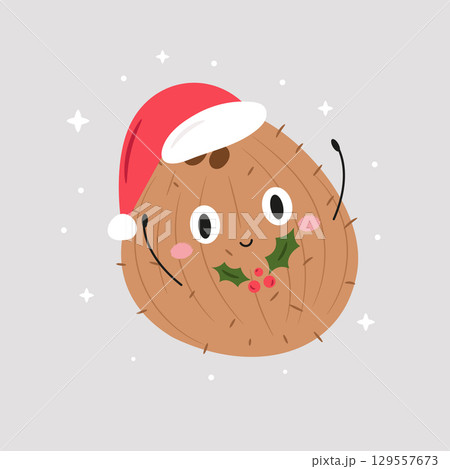 Cute Coconut in Santa Hat. Funny Christmas Cartoon Character 129557673