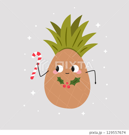 Cute Pineapple with Candy Stick. Funny Christmas Fruit Cartoon Character 129557674