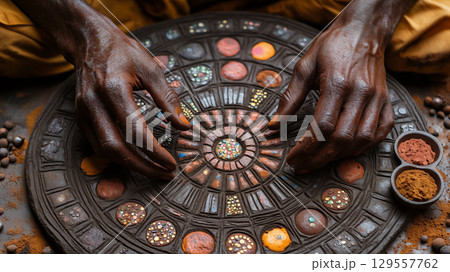 Hands crafting intricate chocolate art on decorative plate. Concept of culinary creativity 129557762