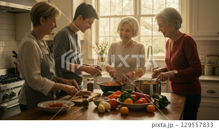 Family cooking together in cozy kitchen with fresh vegetables for a homemade meal 129557833