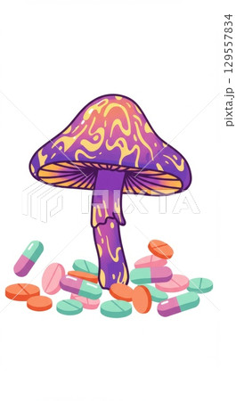 Psychedelic mushroom art with colorful pills concept for modern design Psychedelic mushroom art with colorful pills concept for modern design 129557834