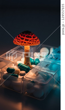 Surreal concept of a glowing mushroom among pills in a medicine box Surreal concept of a glowing mushroom among pills in a medicine box 129557835