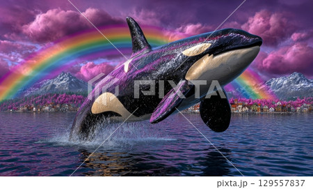 Majestic orca leaping in vibrant seascape with rainbow and mountains 129557837