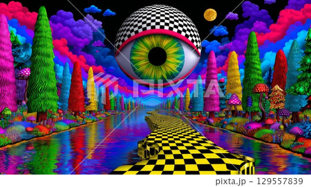 Surreal visionary landscape with floating eye and vibrant checkered path Surreal visionary landscape with floating eye and vibrant checkered path 129557839