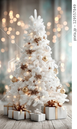 Elegant white christmas tree with gold decor and gifts against bokeh lights 129557849