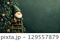 Whimsical garden gnome on ladder with ivy and stars - enchanting fantasy scene 129557879