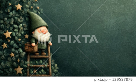 Whimsical garden gnome on ladder with ivy and stars - enchanting fantasy scene 129557879