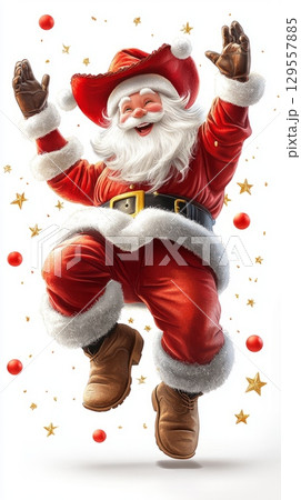 Joyful santa in cowboy attire celebrating christmas with stars and ornaments Joyful santa in cowboy attire celebrating christmas with stars and ornaments 129557885