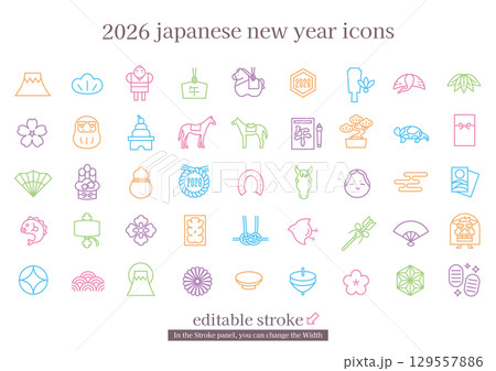日本の正月アイコンセット　2026年午年 (編集可能なストローク) 129557886