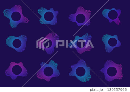 Circular sound wave set with gradient neon lines for audio visualization and music graphics. Pink to blue radial patterns on purple background display acoustic energy for modern digital interfaces. 129557966
