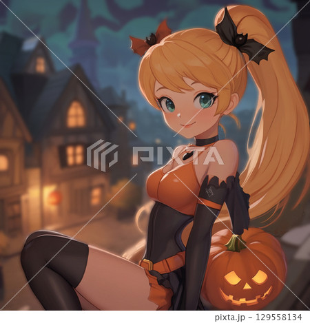 Black Halloween background with pumpkin and girl. Abstract grunge wallpaper for design holiday party 129558134